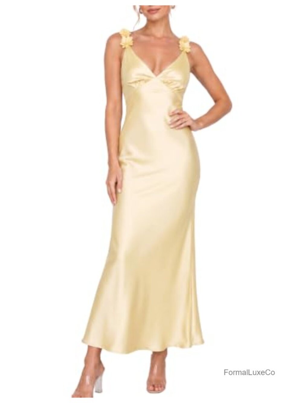 Satin V Neck Formal Midi Dress Sleeveless Spaghetti Strap Wedding Guest
